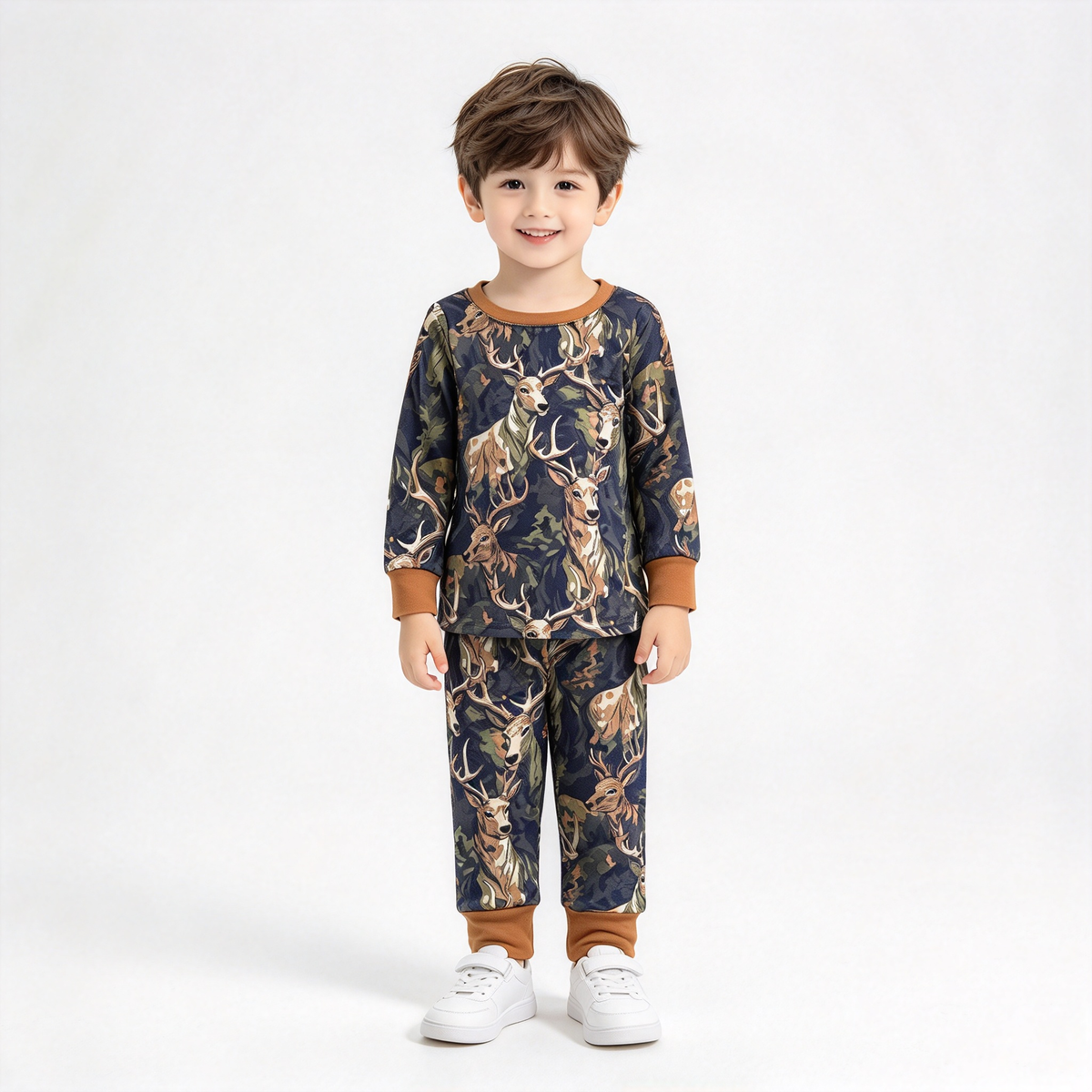 RTS NO MOQ Sibling milk silk Baby Boys Deer Camo Print Long Sleeve Top And Pant Set Half Zip Collar Shirt