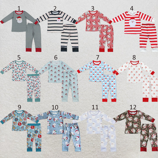 RTS NO MOQ Sibling milk silk Baby Boys Santa Christmas Print Top Pants Holiday Pajamas Sets