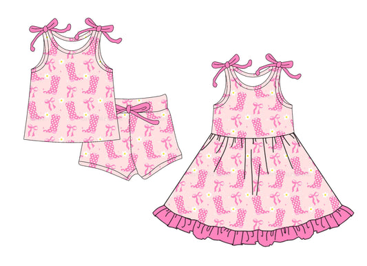 4.16 custom each style moq 5eta 4-6week Sibling Sister boots bow baby girl short sleeve shorts sets and dresses match design