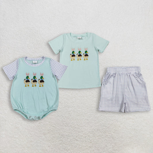 RTS NO MOQ Sibling Baby Boys Embroidered Rabbit Duck Checked Short Sleeve Tops Shorts Set Rompers Easter Hunting Outfit