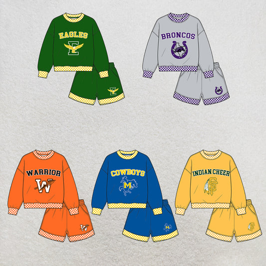 custom moq 5 mix size XY072101 Baby Kids Letter Print Long Sleeve Top Shorts Team Clothes Set