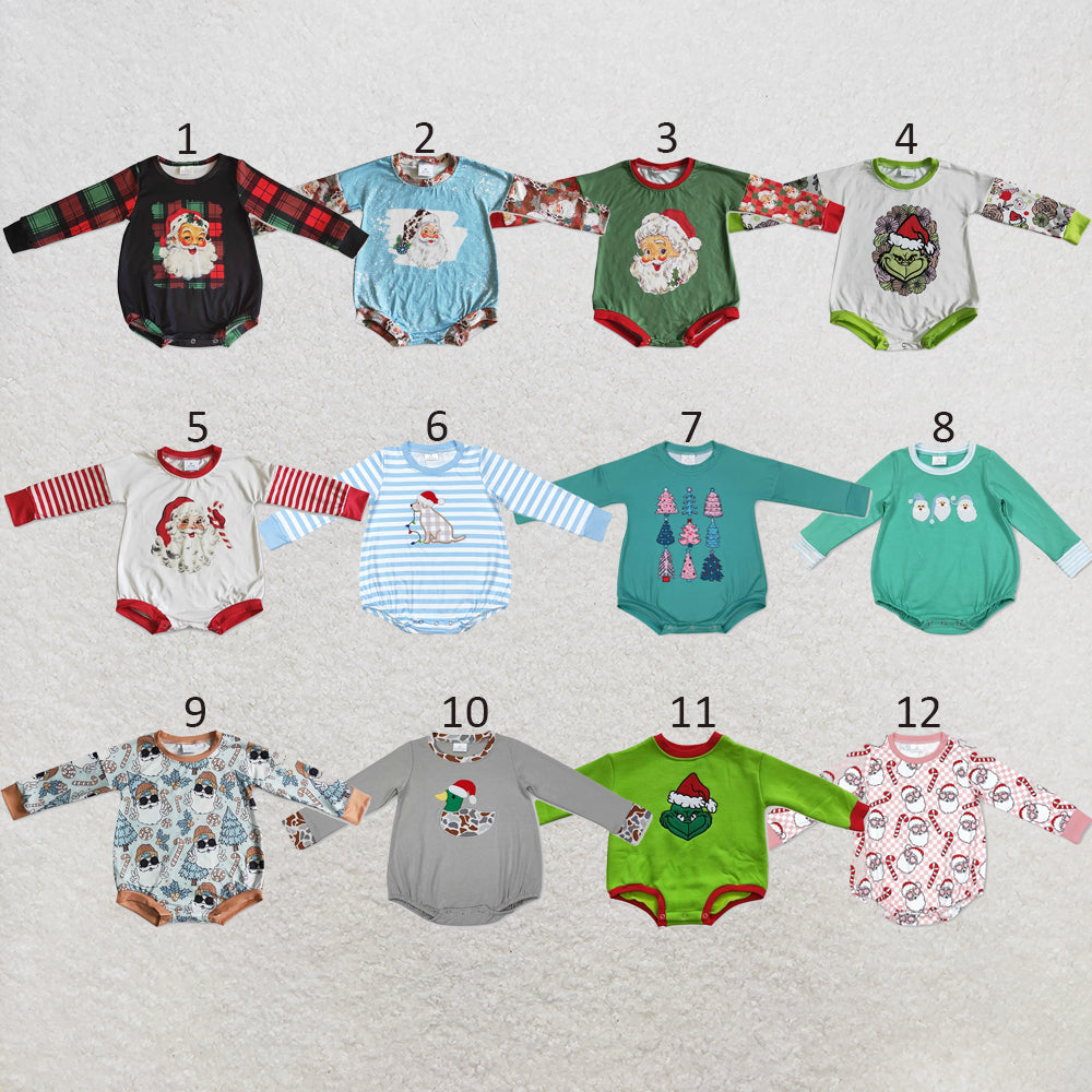 RTS NO MOQ Sibling milk silk Baby Boys Girls Christmas Long Sleeve Santa Print Rompers