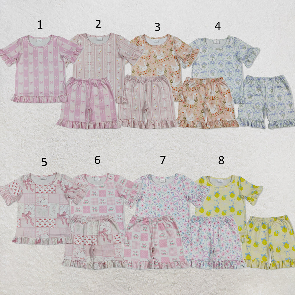 RTS NO MOQ Sibling milk silk Baby Girls Cute Flower Bow Top Ruffle Shorts Pajama Outfit
