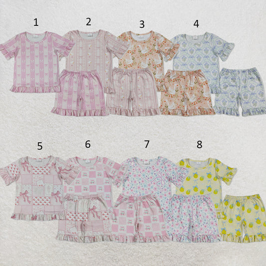 RTS NO MOQ Sibling milk silk Baby Girls Cute Flower Bow Top Ruffle Shorts Pajama Outfit