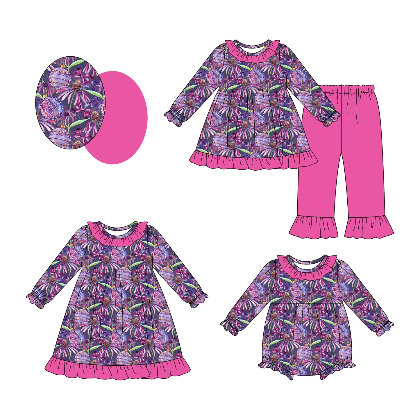 25.8.1 custom each style moq 5eta 4-6week Sibling Sisters baby girl long sleeve pants sets and dress and rompers match family design