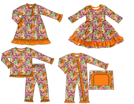 25.7.26 custom each style moq 5 eta 4-6week Sibling Sisters pumpkin baby girl long sleeve pants sets and romper and dress 1 and dress 2 match family design