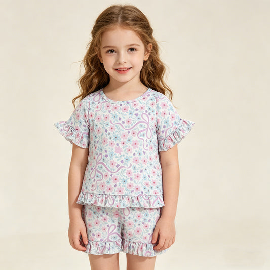 RTS NO MOQ GSSO3322 Toddler Girls Sweet Colorful Flowers Bow Top Ruffle Shorts Sleepwear