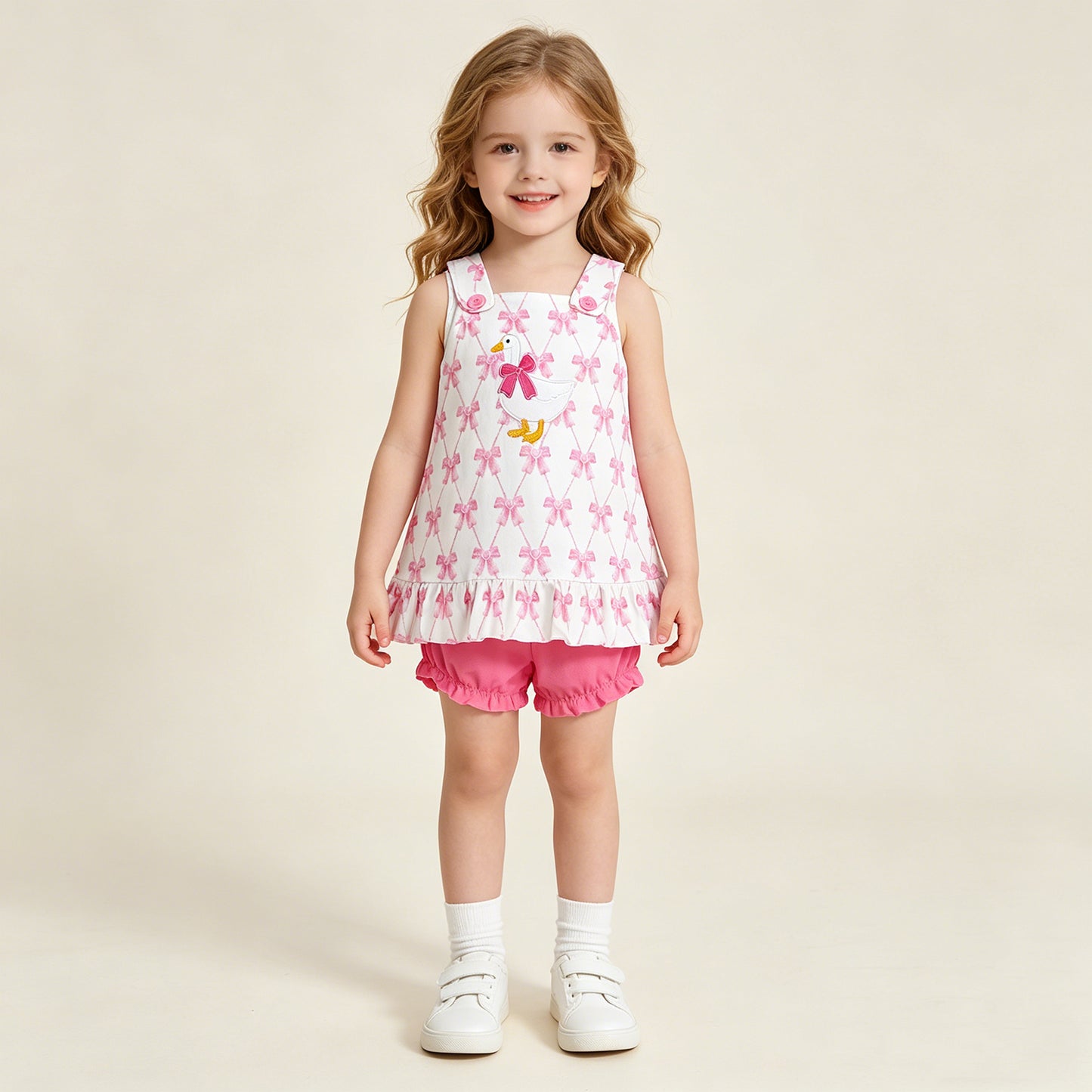 RTS NO MOQ GBO0505 Baby Girls Summer Embroidery Goose Pink Bow Plaid Tunic Bummies Clothes Set