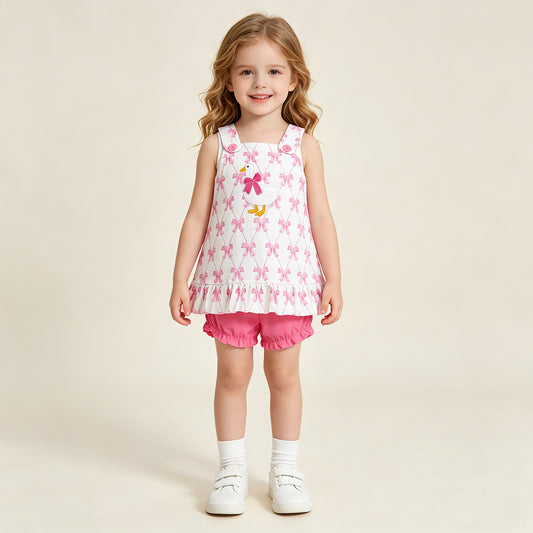 RTS NO MOQ GBO0505 Baby Girls Summer Embroidery Goose Pink Bow Plaid Tunic Bummies Clothes Set