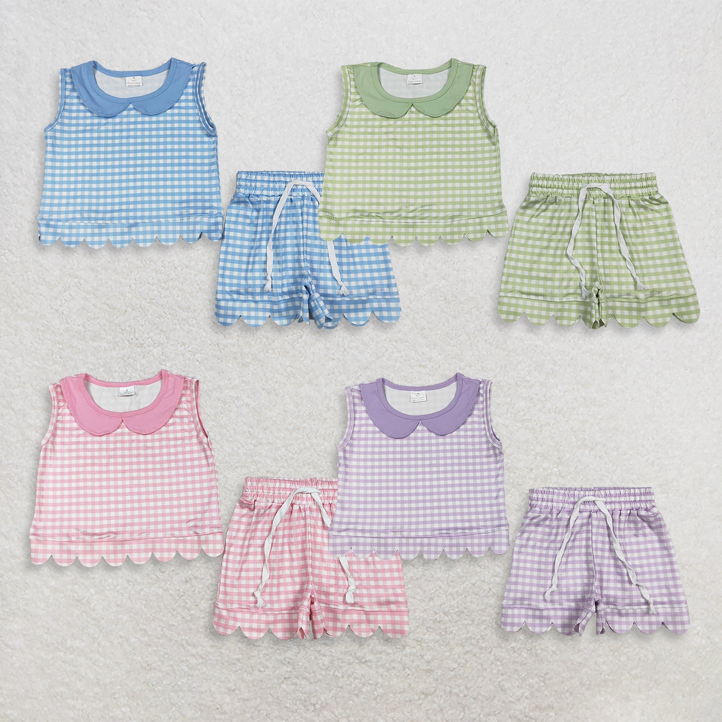 RTS NO MOQ Sibling milk silk Checked Collar Sleeveless Tops Baby Girls Scallop Hem Shorts Clothes Sets