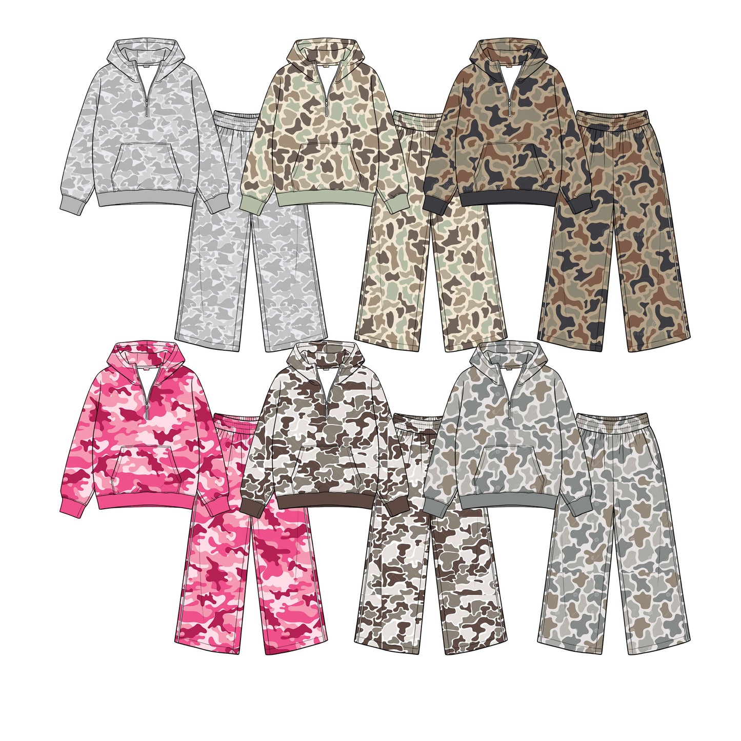 (Preorder new) No moq Baby Girls Camo Zip Pocket Hoodie Flare Pant Clothes Sets Autumn Baby Casual Outfit