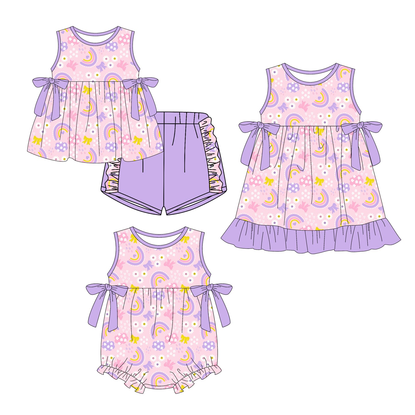 25.12.27 custom each style moq 5 eta 6-8week Sibling Sister rainbow baby short sleeve shorts sets and romper and dress match design