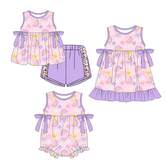 25.12.27 custom each style moq 5 eta 6-8week Sibling Sister rainbow baby short sleeve shorts sets and romper and dress match design