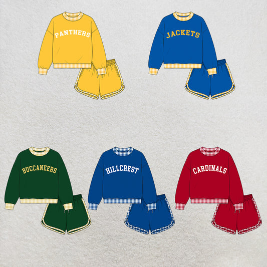 custom moq 5 mix size XY072201 Baby Kids Letter Print Checked Long Sleeve Top Shorts Team Clothes Set