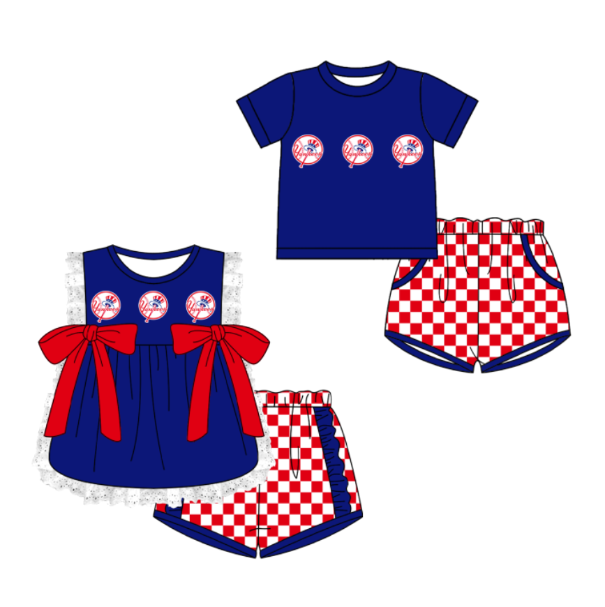 Custom moq 5 mix size milk silk summer teams Blue Girl Sleeveless Top And Plaid Shorts Set with Bow Boy Short Sleeved Top And Plaid Shorts Set