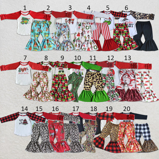 RTS NO MOQ Sibling milk silk Baby Girls Long Sleeve Top Bell Bottom Pants Holiday Clothes Set