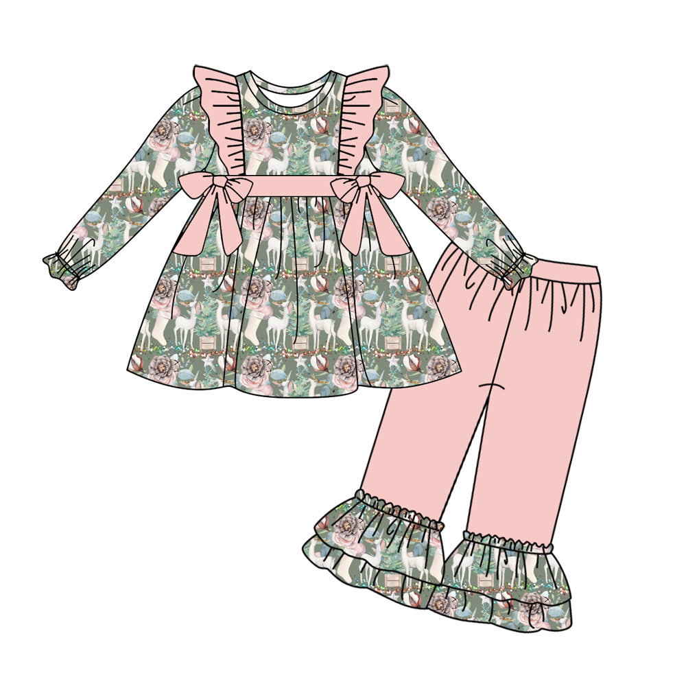 6.7 custom each style moq 5eta 4-6week Sibling Sister floral deer baby girls sets and dress and baby romper match family design