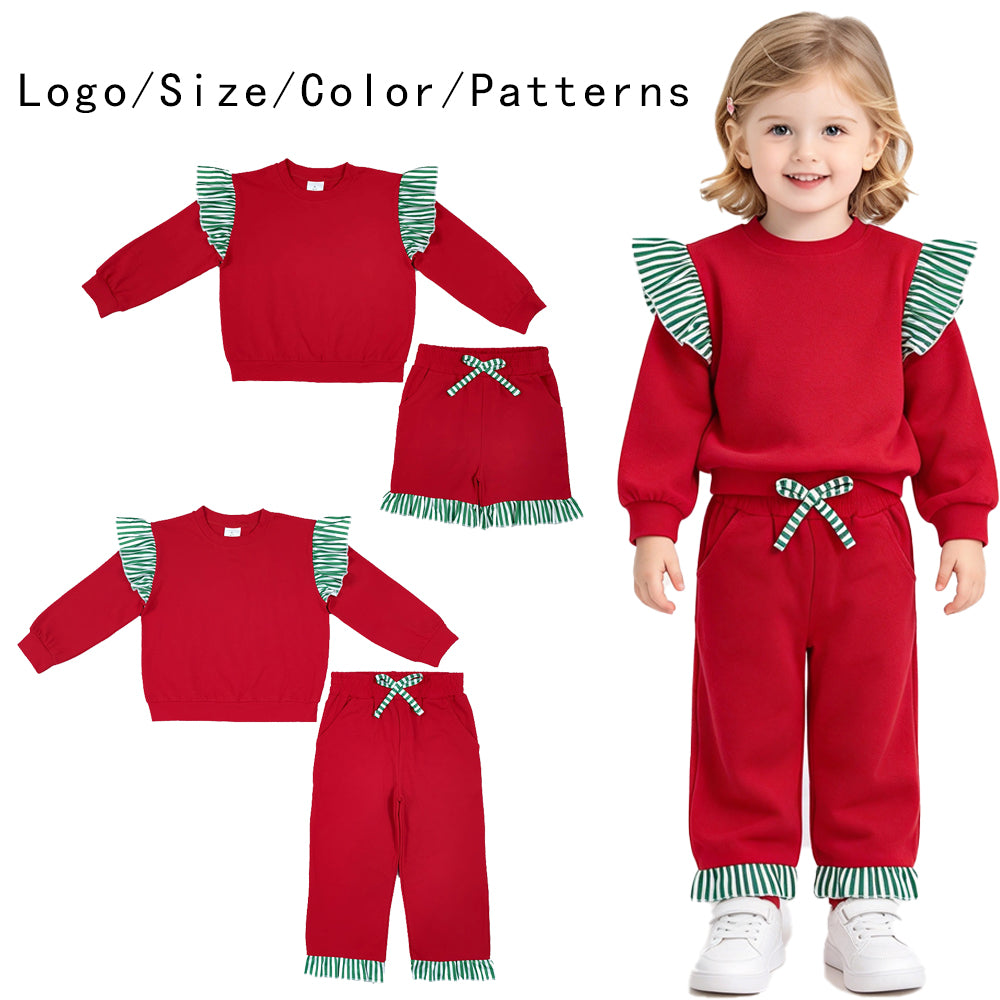 RTS NO MOQ Sibling milk silk Baby Girls Christmas Red Long Sleeve Top With Green Stripe Ruffle Shorts And Pants Sets