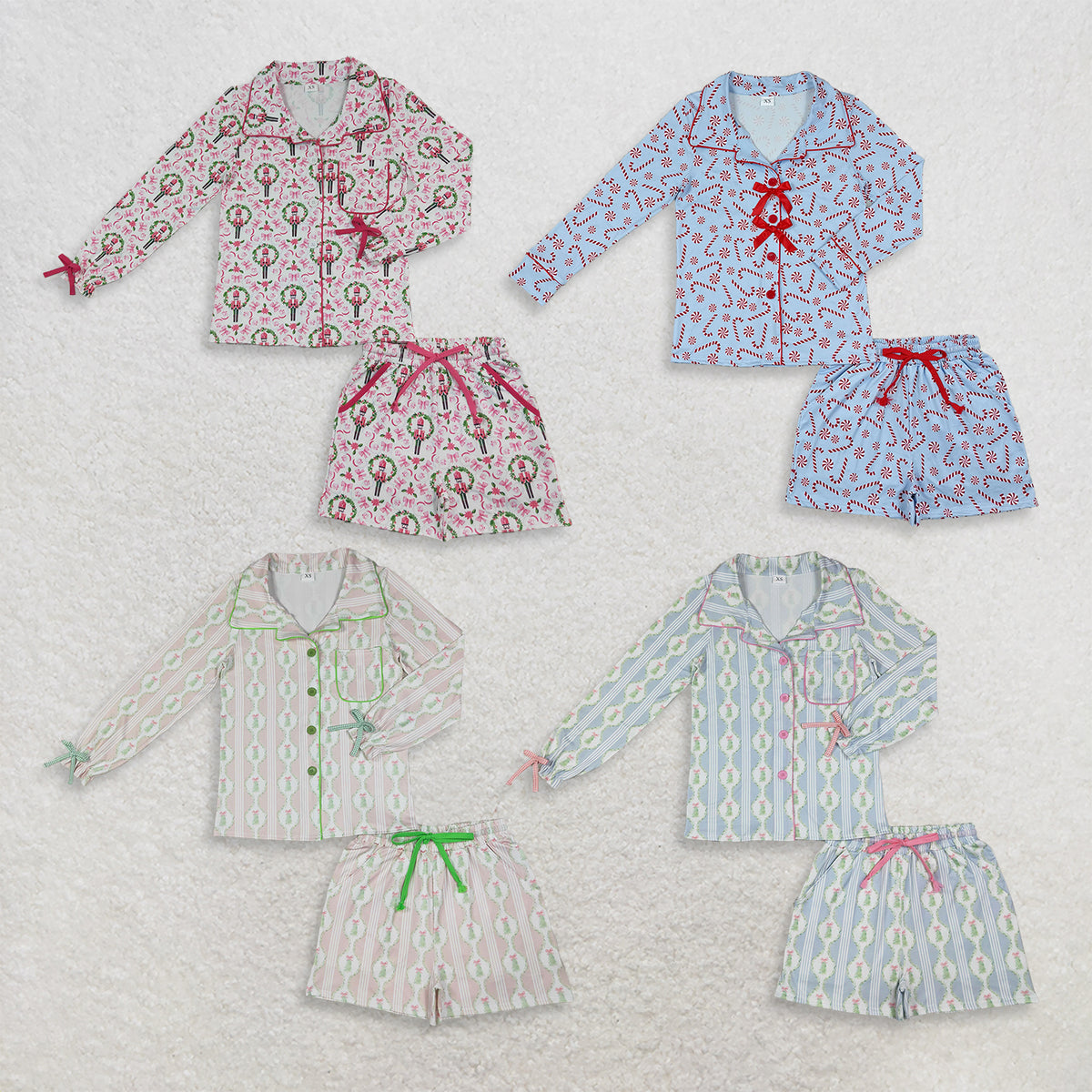 RTS NO MOQ Sibling milk silk Adult Women Bows Trees Button Down Pocket Top Shorts Christmas Pajamas Set