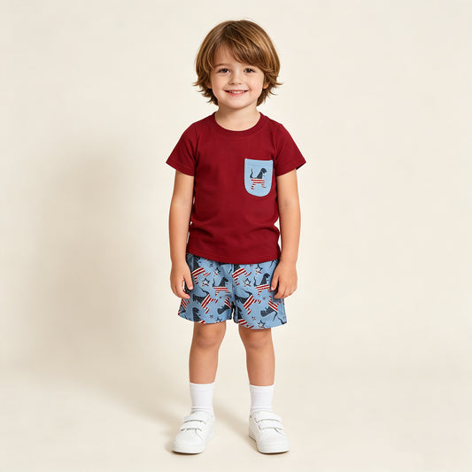 RTS NO MOQ BSSO0519 milk silk Baby Boys Dinosaurs Flags Pocket Shirts Shorts 4th of July Sets