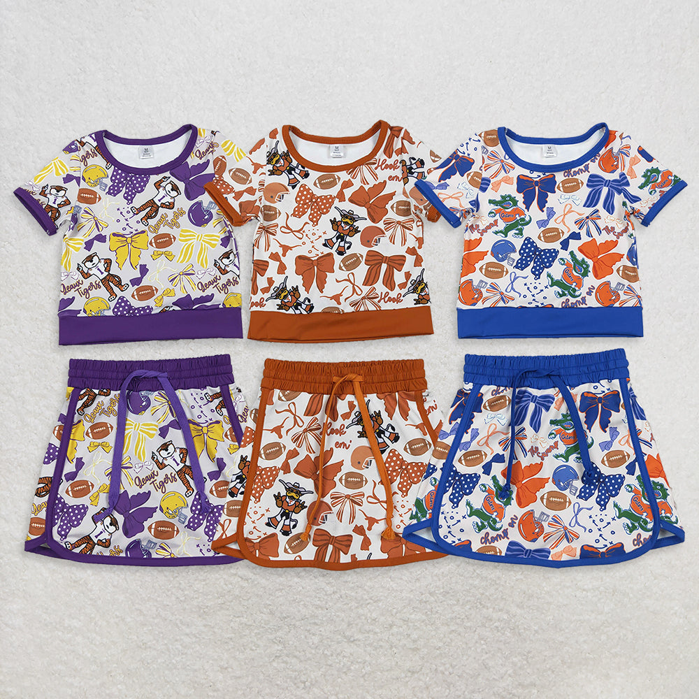 RTS NO MOQ Sibling Baby Girls Team Clothes Set Short Sleeve Bows Football Top Skirt Shorts Outfit for Little Girls