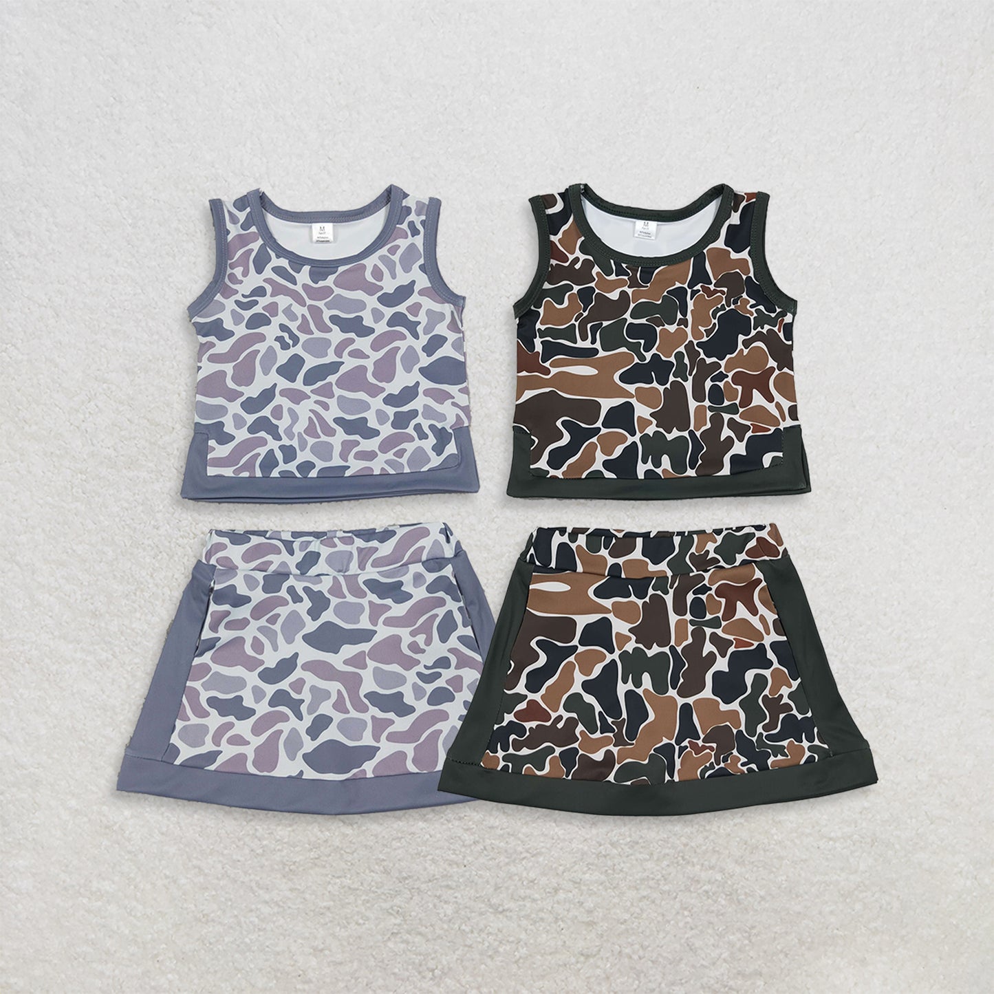 RTS NO MOQ Sibling yoga fabric Baby Girls Camo Print Sleeveless Vest Top Skort Two Piece Yoga Active Summer Outfit Set