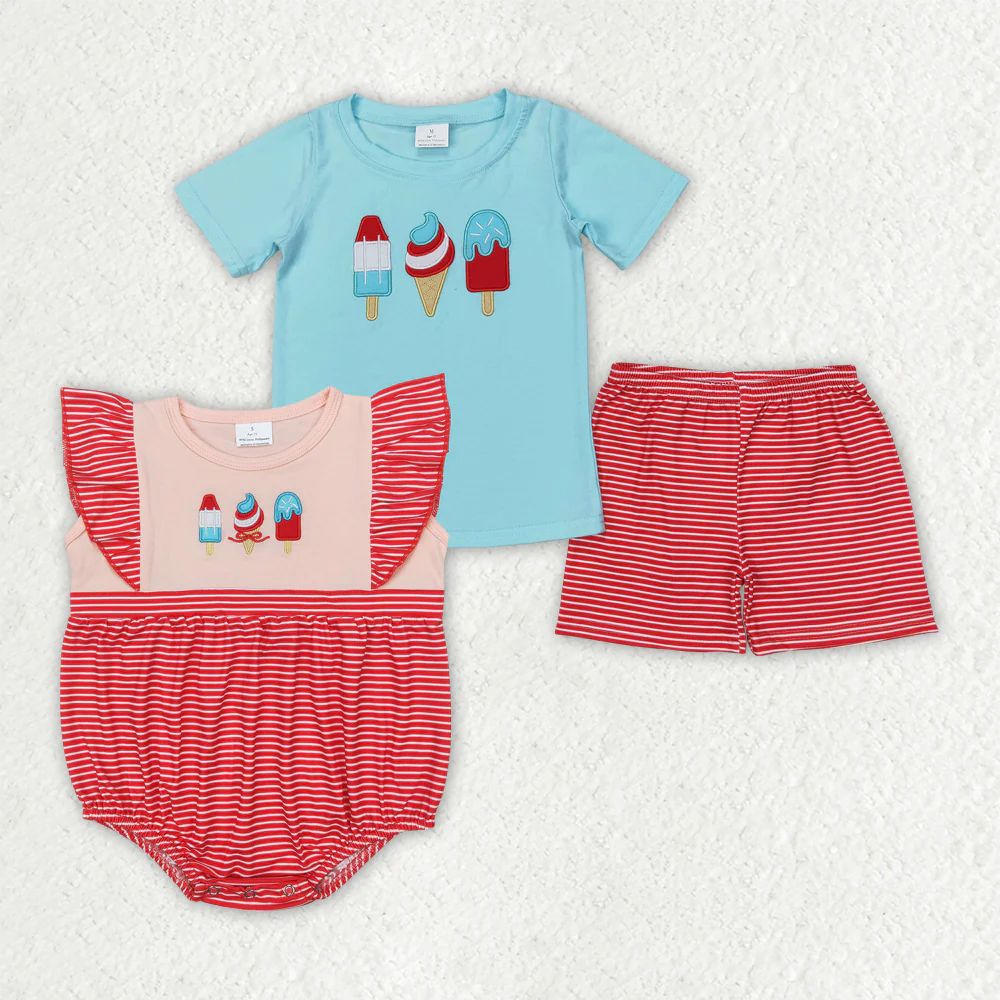 RTS NO MOQ baby boys clothes embroidery ice cream short sleeve Rompers Clothes Sets