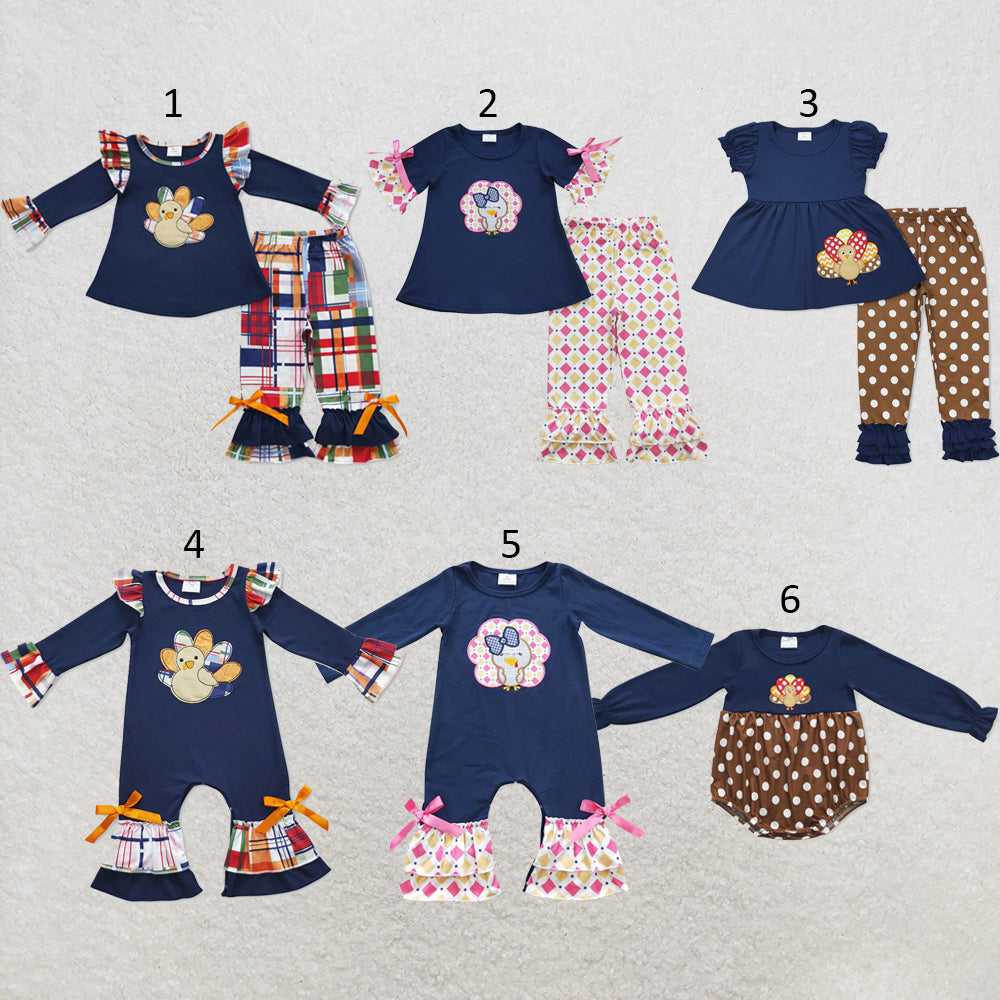 RTS NO MOQ Sibling milk silk Baby Girls Thanksgiving Print Tunic Top Ruffle Hem Pants Two Piece Clothes Sets Rompers