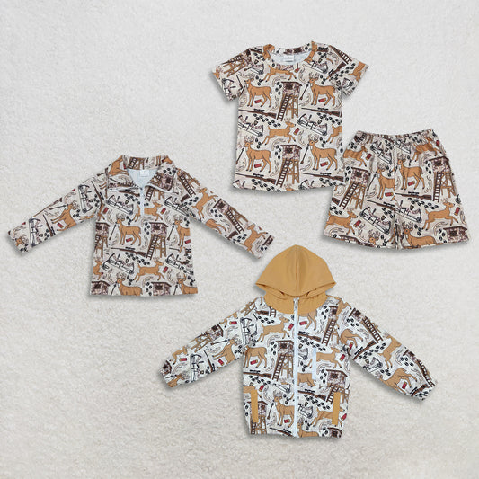 RTS NO MOQ Sibling milk silk Baby Boys Deer Short Sleeve Top Shorts Half Zip Pullover And Hooded Jacket Matching Clothes Set