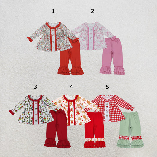 RTS NO MOQ Sibling milk silk Baby Girls Santa Print Checkered Tunic With Ruffle Pants Two Piece Set