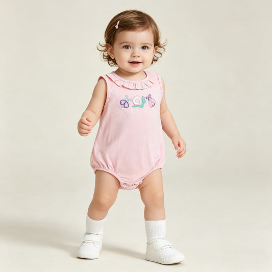 RTS NO MOQ SR4037 Baby Girls Sleeveless Ladybirds Snails Embroidery  Ruffle Rompers