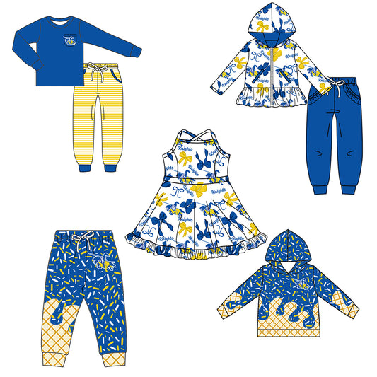 Custom moq 5 mix size milk silk summer teams baby girls clothes bow blue hooded long sleeve pants sets and boy sets and dress and hooded top and pant-25.8.14