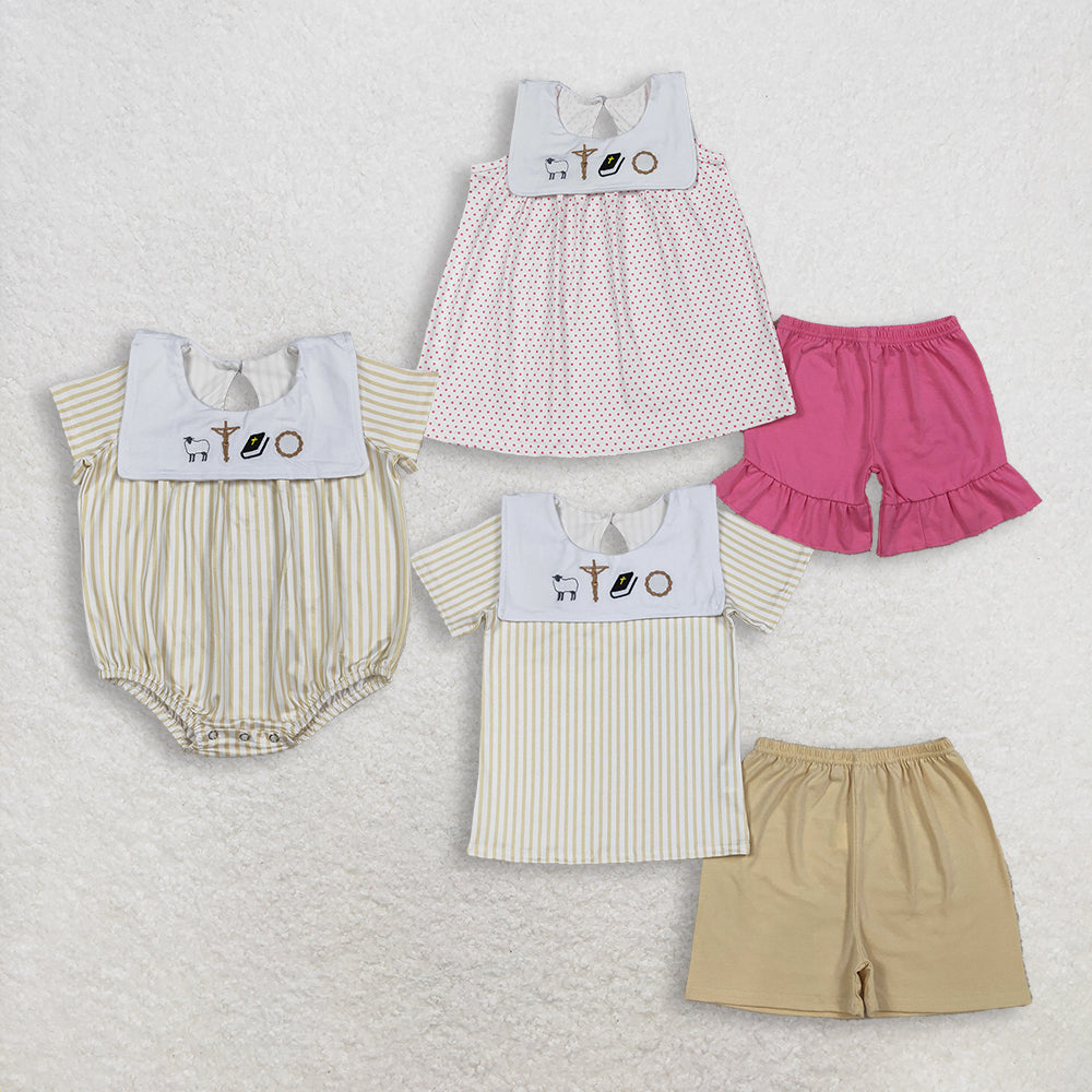 RTS NO MOQ Sibling Baby Boys Girls Embroidery Cross Sheep Top Shorts Clothes Sets Rompers
