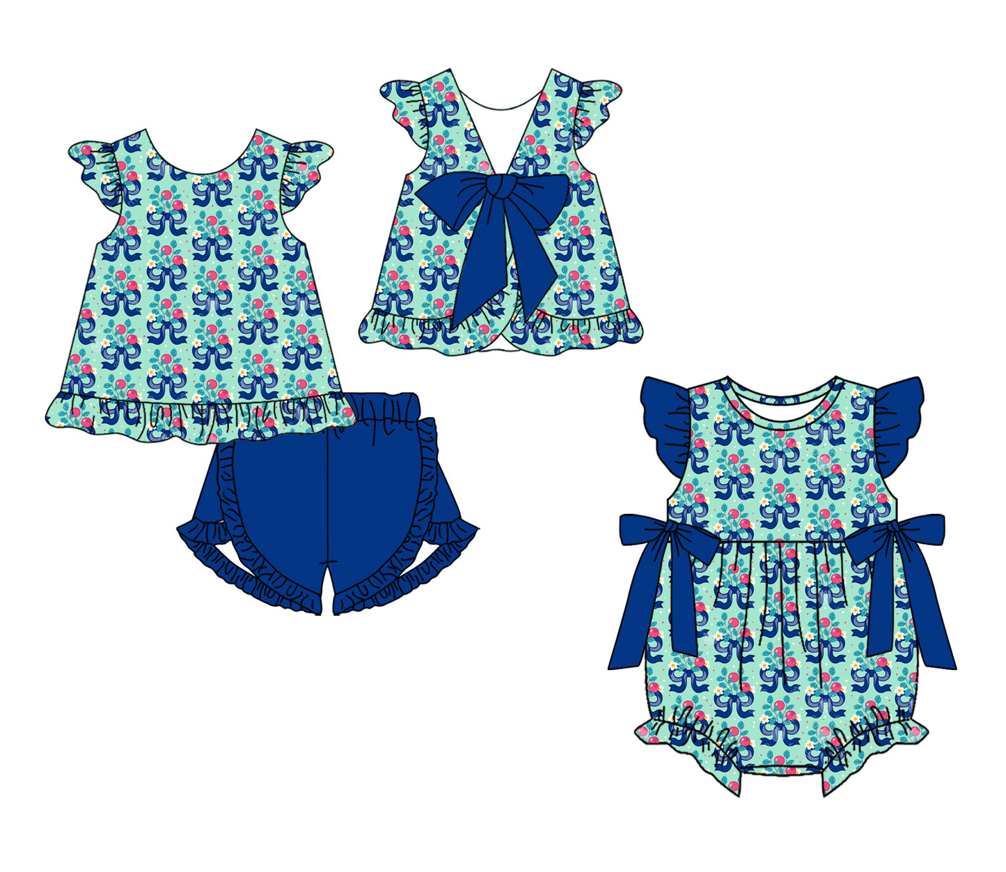 3.13 Custom moq 5 mix size Sibling Baby Girl's Blue Flutter-Sleeved Top And Shorts Set with Matching Flutter-Sleeved Romper Outfit Set