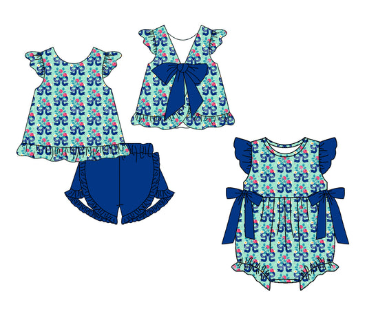 3.13 Custom moq 5 mix size Sibling Baby Girl's Blue Flutter-Sleeved Top And Shorts Set with Matching Flutter-Sleeved Romper Outfit Set