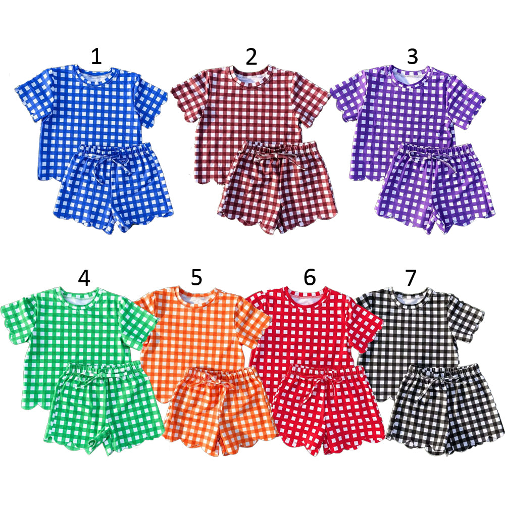 (Preorder new) No moq Baby Girls Plaid Short Sleeve Shirt Top And Scallop Hem Short Cute Clothes Set