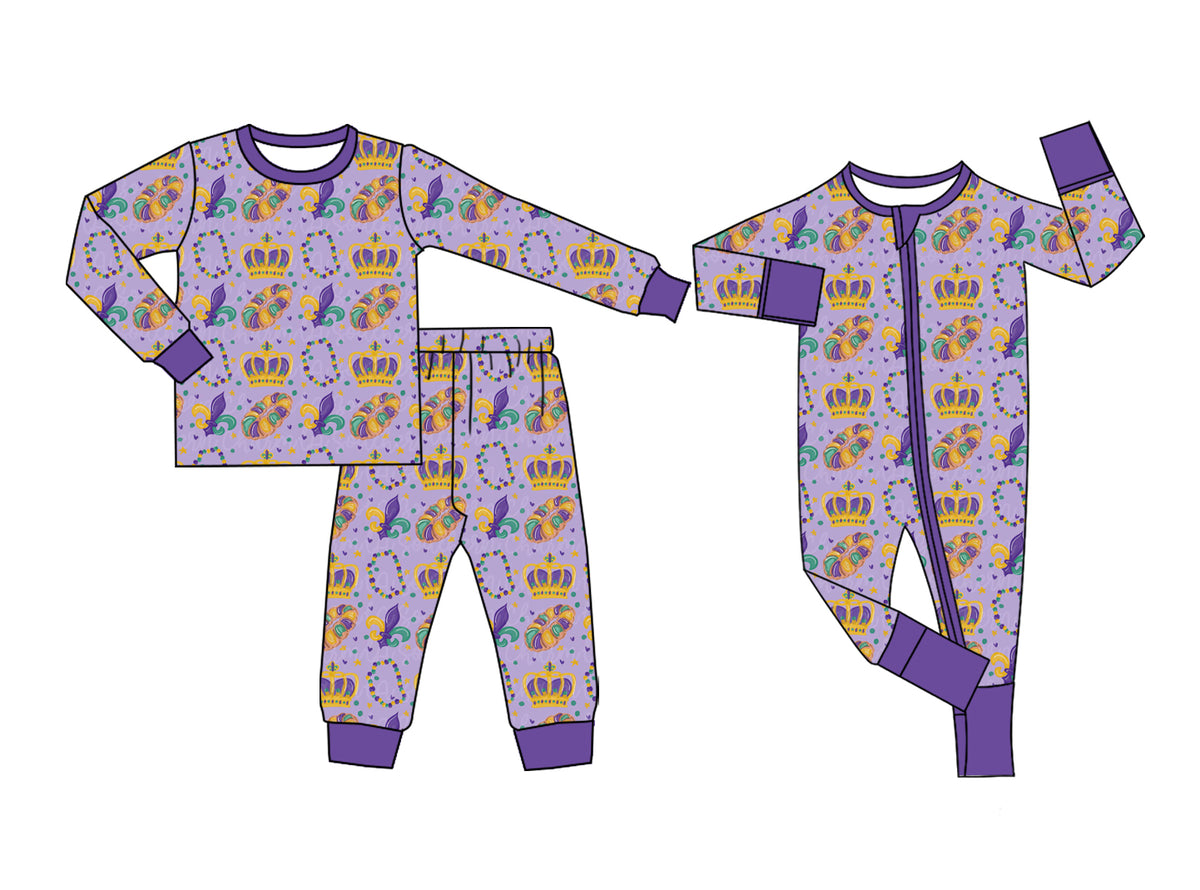 (Preorder new) No moq Baby Boys Purple Long Sleeve Print Pajama Set Baby Zipper Romper