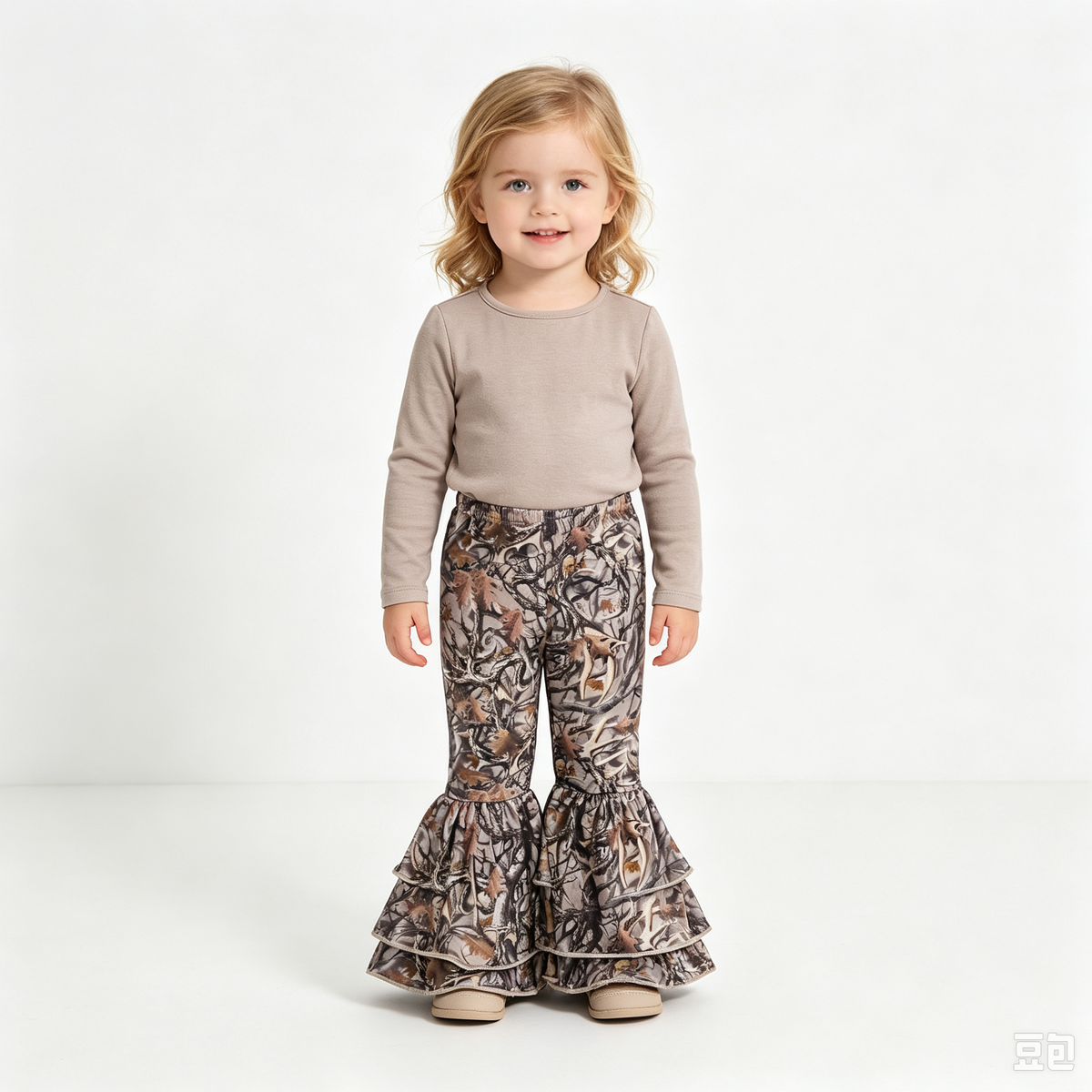 RTS NO MOQ Sibling milk silk Baby Girls Camo Flare Bell Bottom Pants