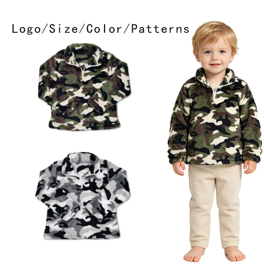 RTS NO MOQ Sibling milk silk Baby Boys Camo Print Sherpa Half Zip Pullover Jacket
