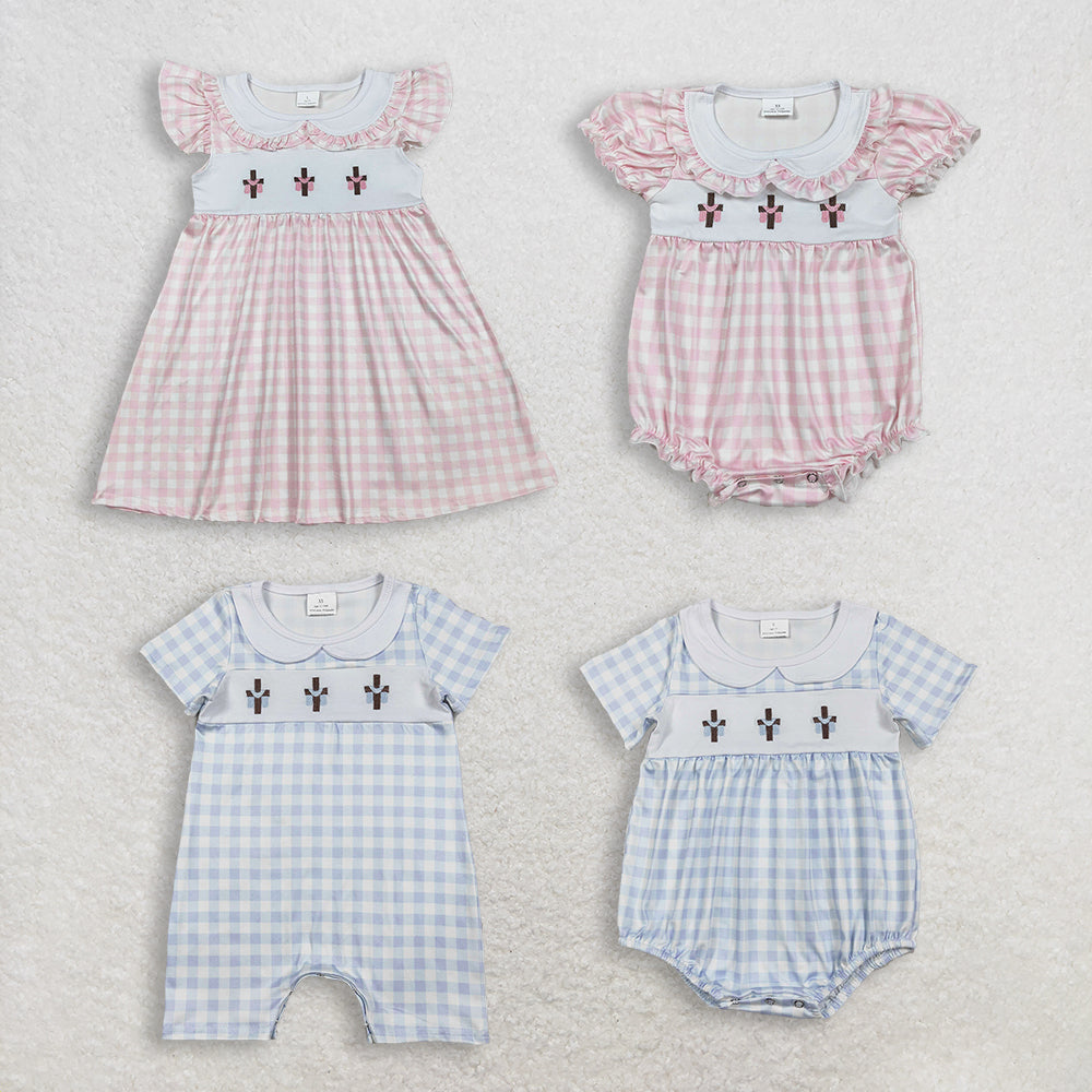 RTS NO MOQ Sibling Baby Kids Knee-Length Dress Rompers Embroidered Easter Checked Crosses Design for Baby Girls And Boys