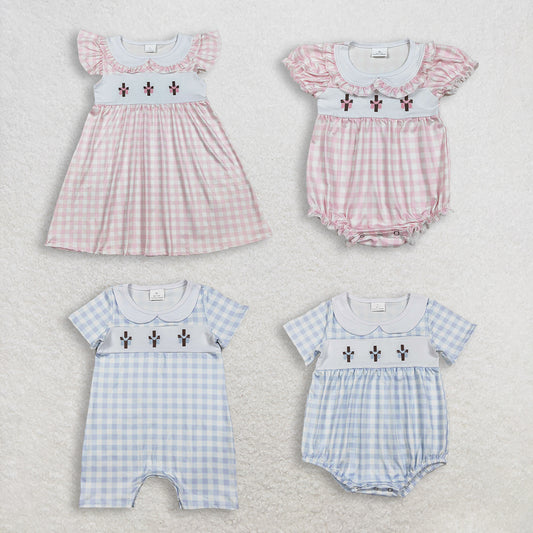 RTS NO MOQ Sibling Baby Kids Knee-Length Dress Rompers Embroidered Easter Checked Crosses Design for Baby Girls And Boys