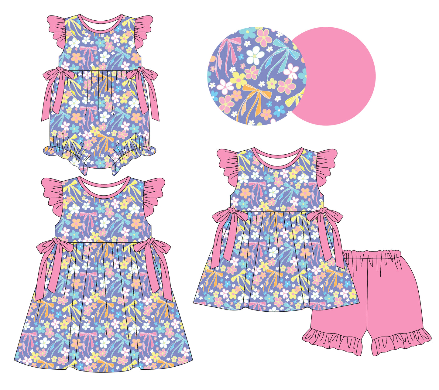 25.12.20 custom each style moq 5 eta 6-8week Sibling Sister bow floral baby short sleeve shorts sets and romper and dress match design