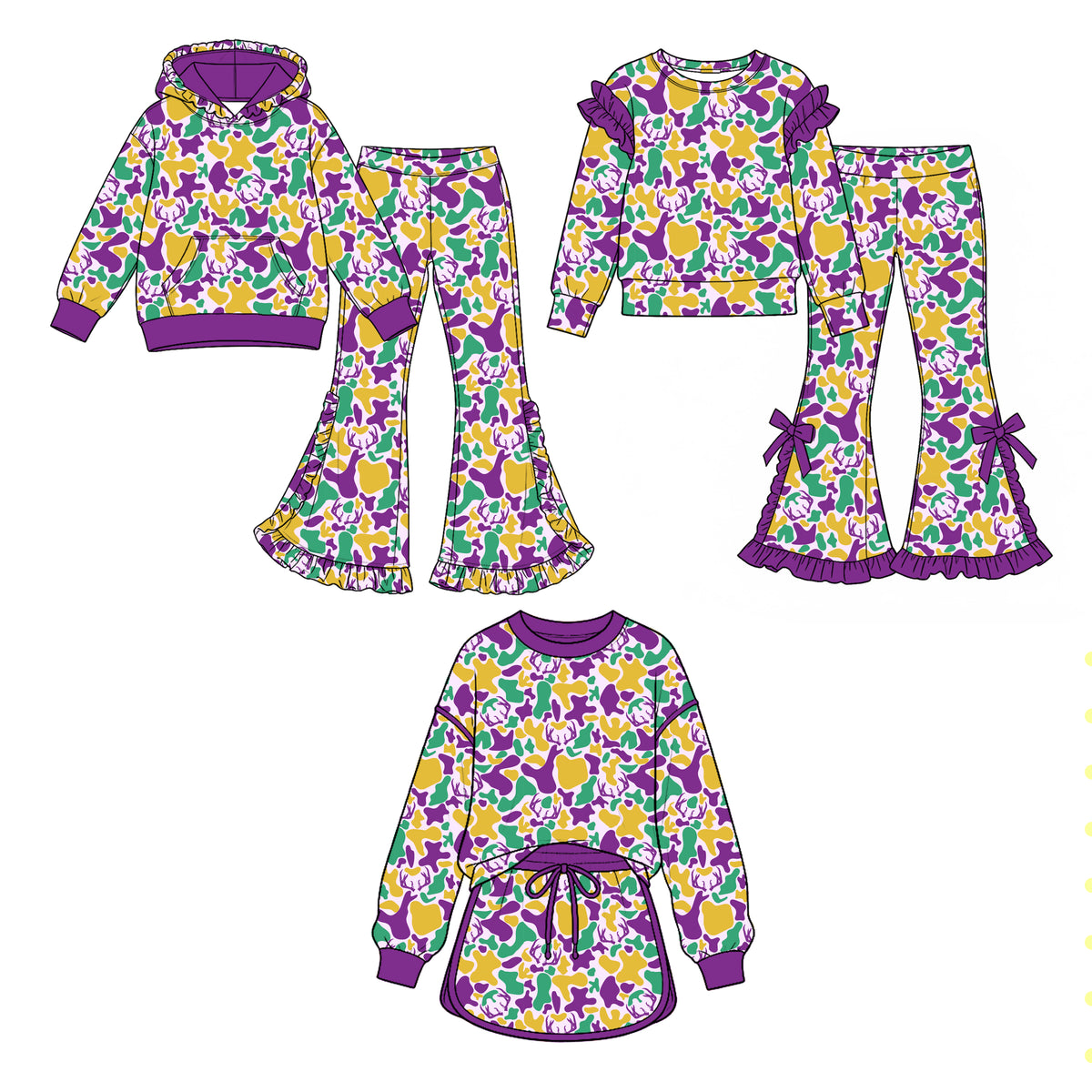 (Preorder new) No moq Baby Girls Camo Print Outfit Set Purple Green Gold Camouflage Hoodie Ruffle Flare Pants Ruffle Sleeve Top Skirt Clothes