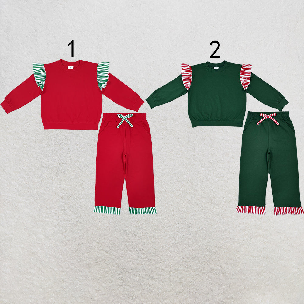RTS NO MOQ Sibling cotton Baby Girls Holiday Ruffle Shoulder Top And Striped Hem Jogger Pants Set