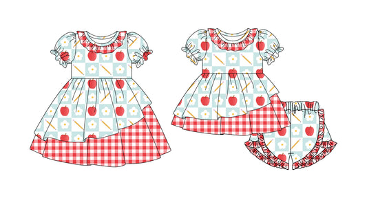 26.1.10 custom each style moq 5 eta 6-8week Sibling Sister apple floral baby short sleeve shorts sets and dress match design