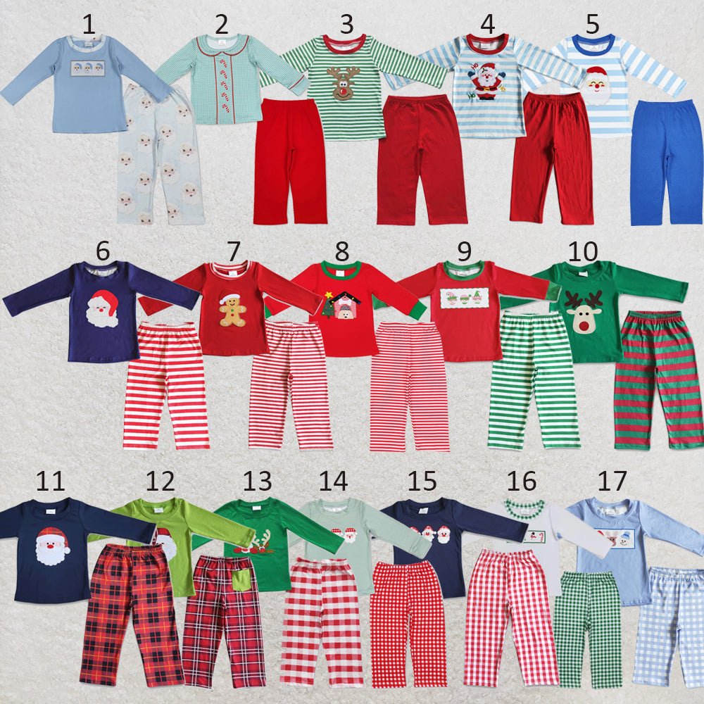 RTS NO MOQ Sibling milk silk Baby Boys Cute Blue Striped Santa Print Top Pants Holiday Photo Matching Outfit Sets