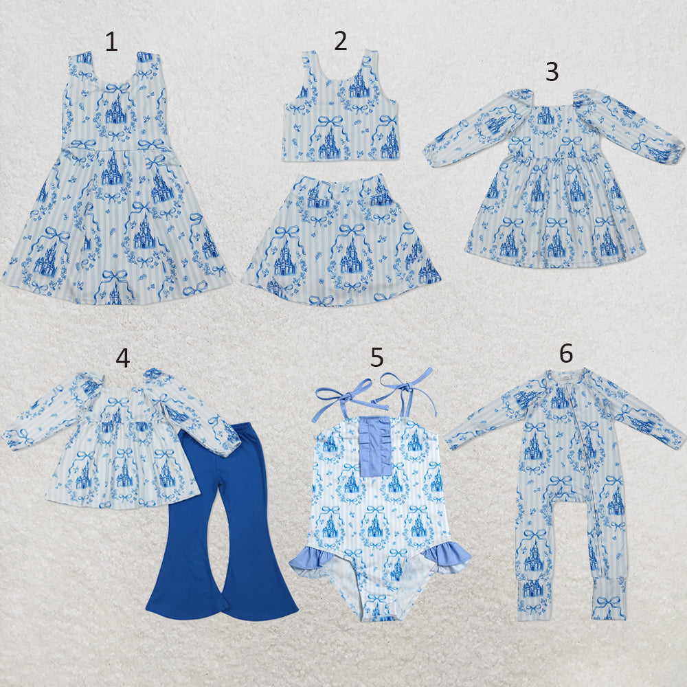 RTS NO MOQ Sibling milk silk Baby Girls Blue Stripe Bow Print Ruffle Tunic Top Bell Bottom Pants Set Dress Rompers