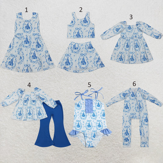 RTS NO MOQ Sibling milk silk Baby Girls Blue Stripe Bow Print Ruffle Tunic Top Bell Bottom Pants Set Dress Rompers