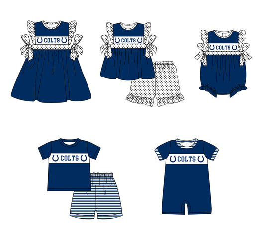Custom moq 5 mix size milk silk summer teams baby girl boys clothes Dark blue short sleeve shorts sets 2  and dress and rompers 2 series