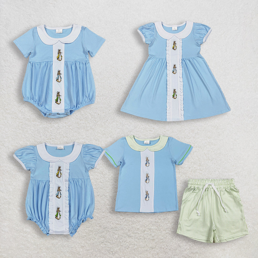 RTS NO MOQ Sibling Embroidery Rabbits Print Girls Knee-Length Dress Rompers Boys Collar Top Stripe Pockets Shorts Sets Romper